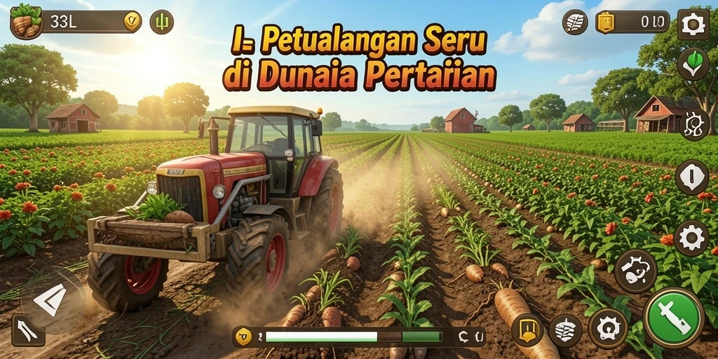 Screenshot gameplay 33L menampilkan ladang yang subur dan aktivitas bertani.