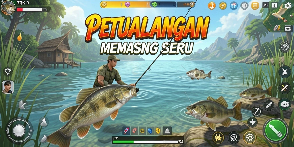 Tampilan gameplay seru dari 73K saat menangkap ikan.