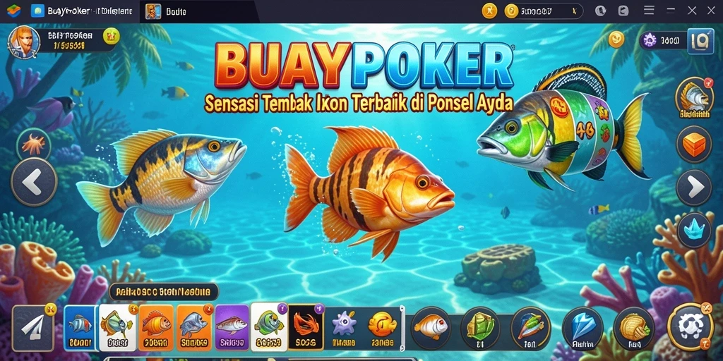 Tampilan gameplay seru dalam BUAYAPOKER dengan ikan-ikan berwarna-warni.
