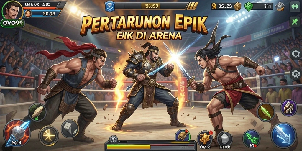 Gameplay OVO99 yang penuh aksi, menunjukkan pertarungan sengit di arena.